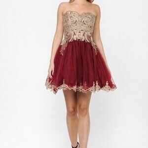 BURGUNDY and Gold Lace Dress 1822